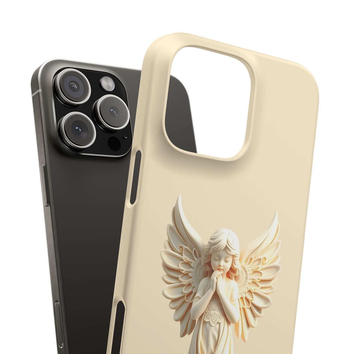 Cream phone case with angel wing ornament and top camera cutout, dual-phone angle