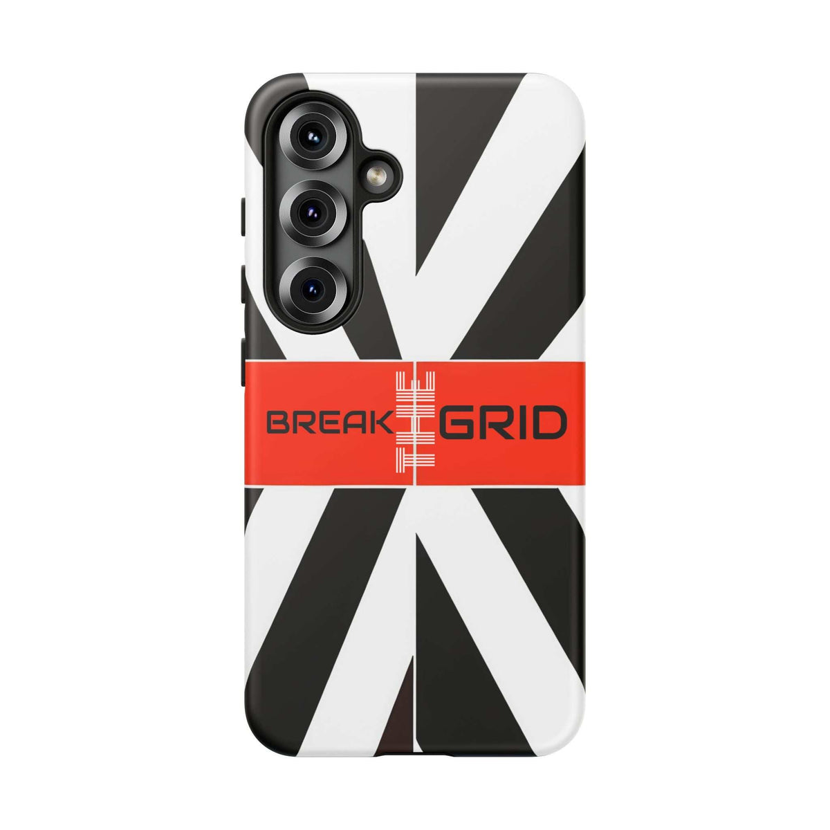 Phone case with black-and-white diagonal stripes, red Break Grid band, triple camera cutout