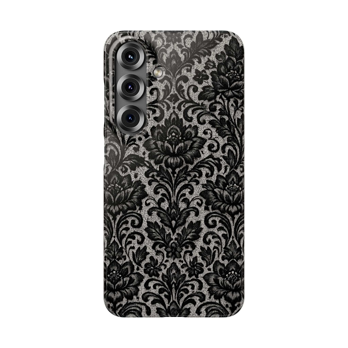 Damask floral phone case, front-back angle, dark gray/black with camera openings