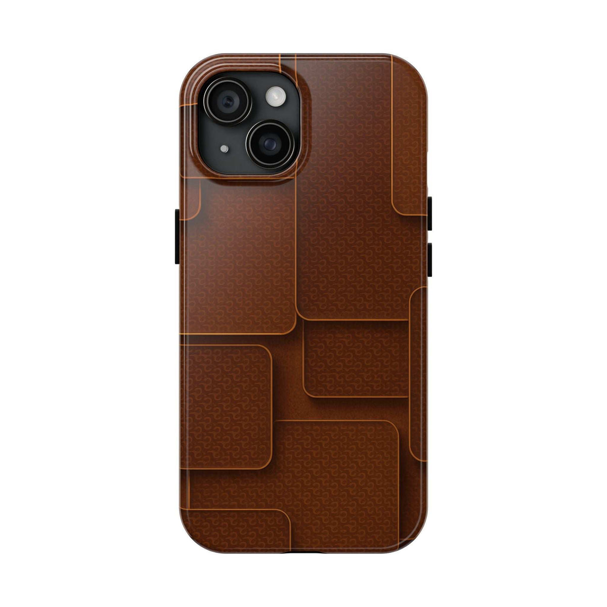 Brown textured phone case with camera cutout and raised panel sections