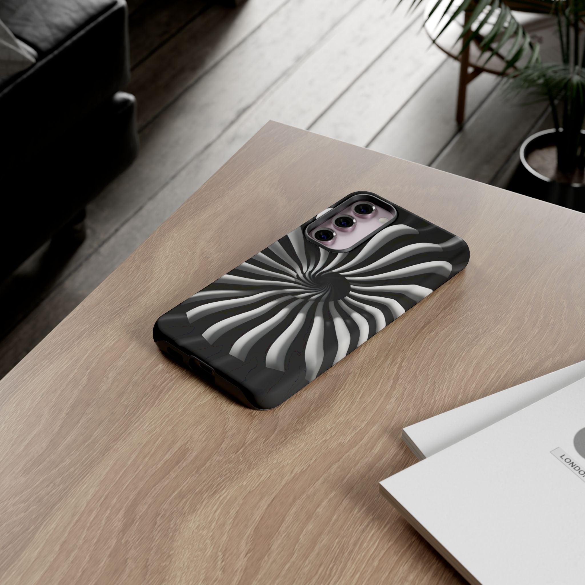 Hypnotic Black and White Spiral Phone Case – Optical Illusion Design for iPhone & Galaxy