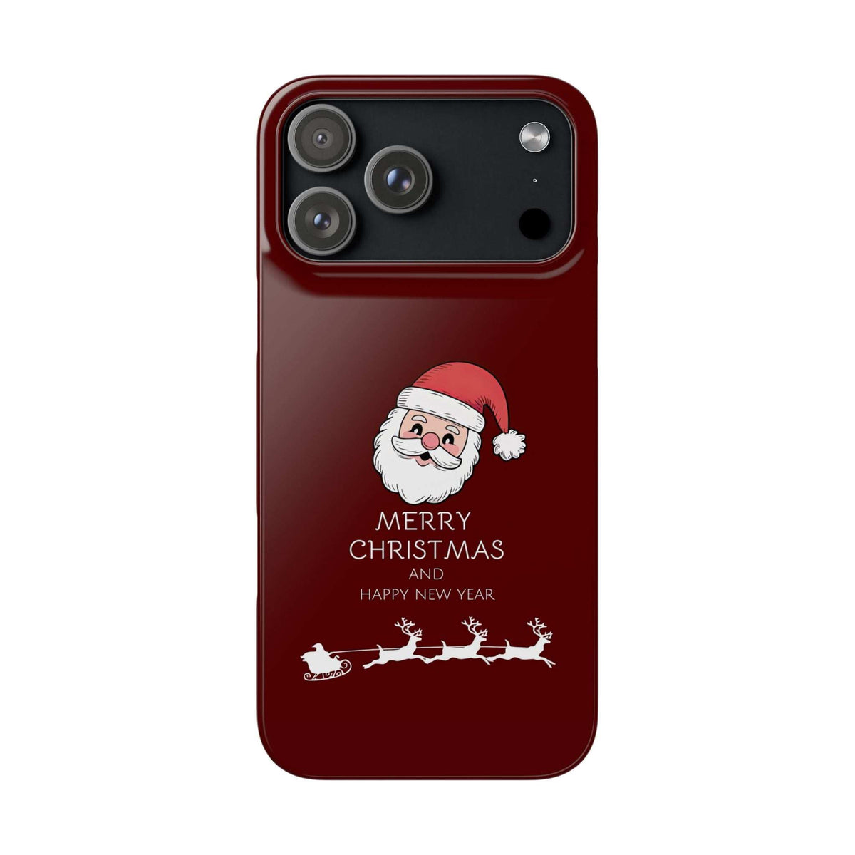 Glossy red phone case with Santa and Merry Christmas graphic on back