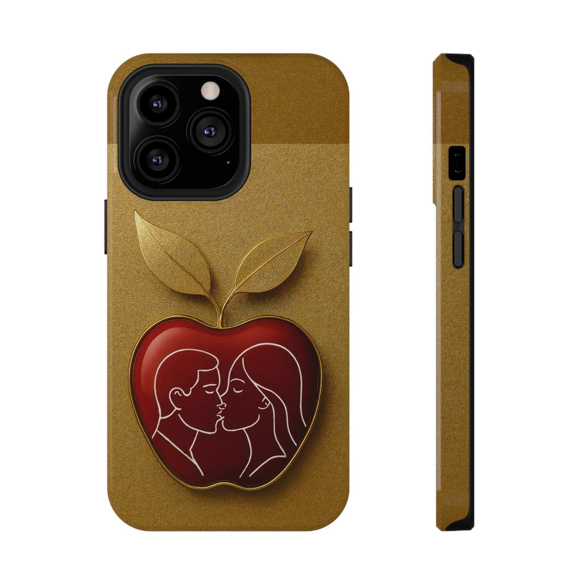 Gold glitter phone case with red heart couple kissing and gold leaves, side and back views
