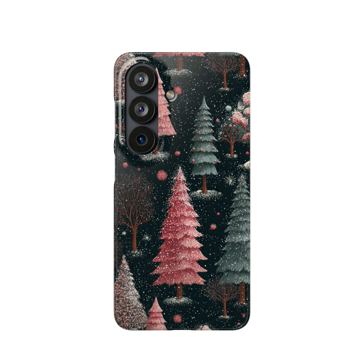 Glossy phone case with winter forest scene, pink tree center, and camera cutouts visible.