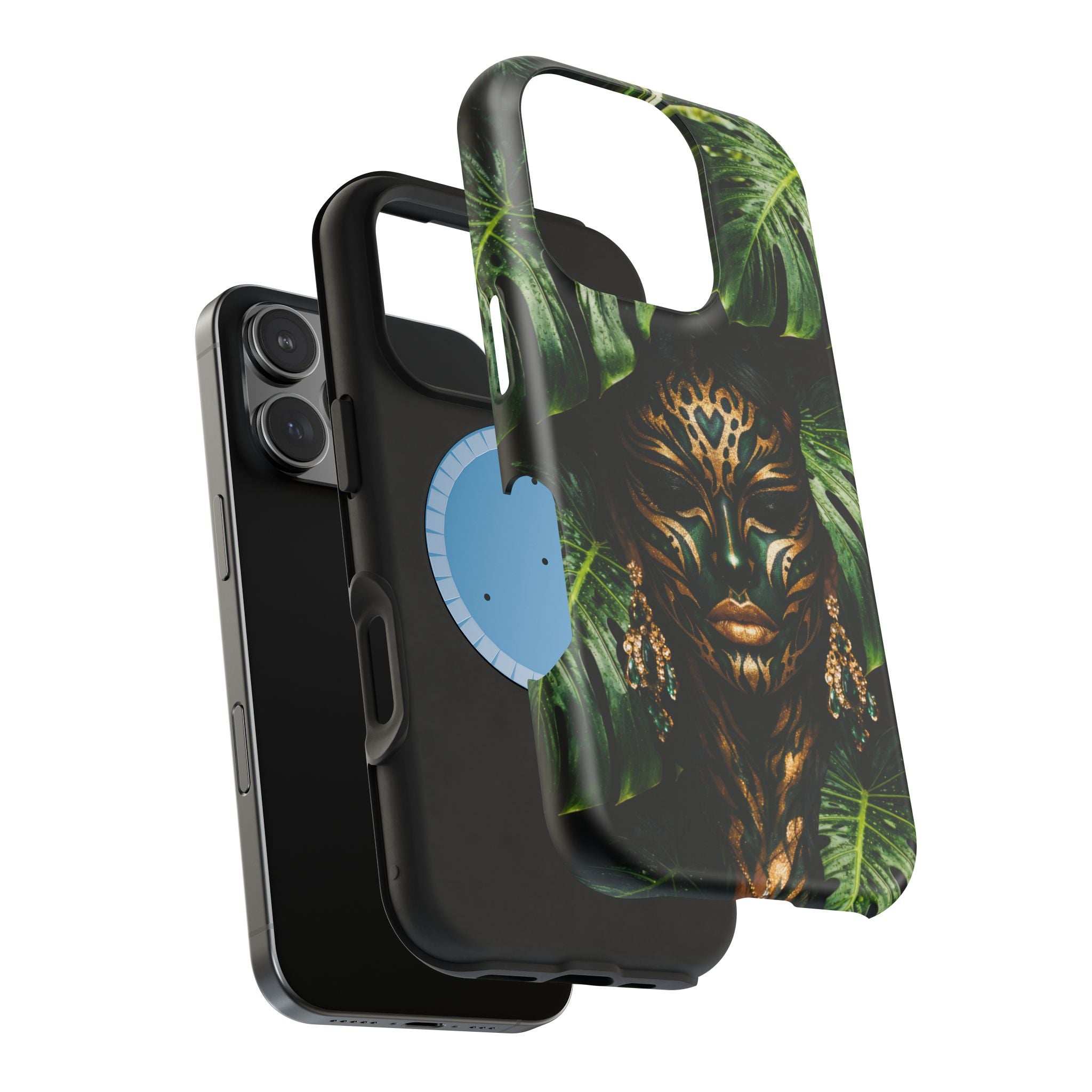 Phone case with jungle lion face print, green leaf highlights, and camera cutout