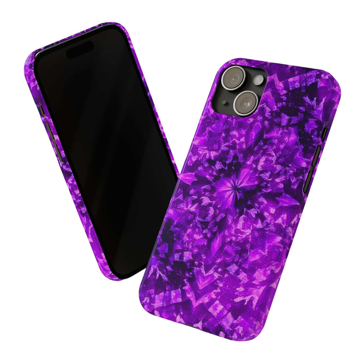 Purple kaleidoscope phone case set with back and front views on a white background.