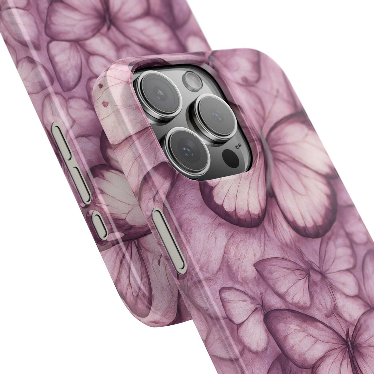 Purple butterfly girl phone case angled view with side port openings