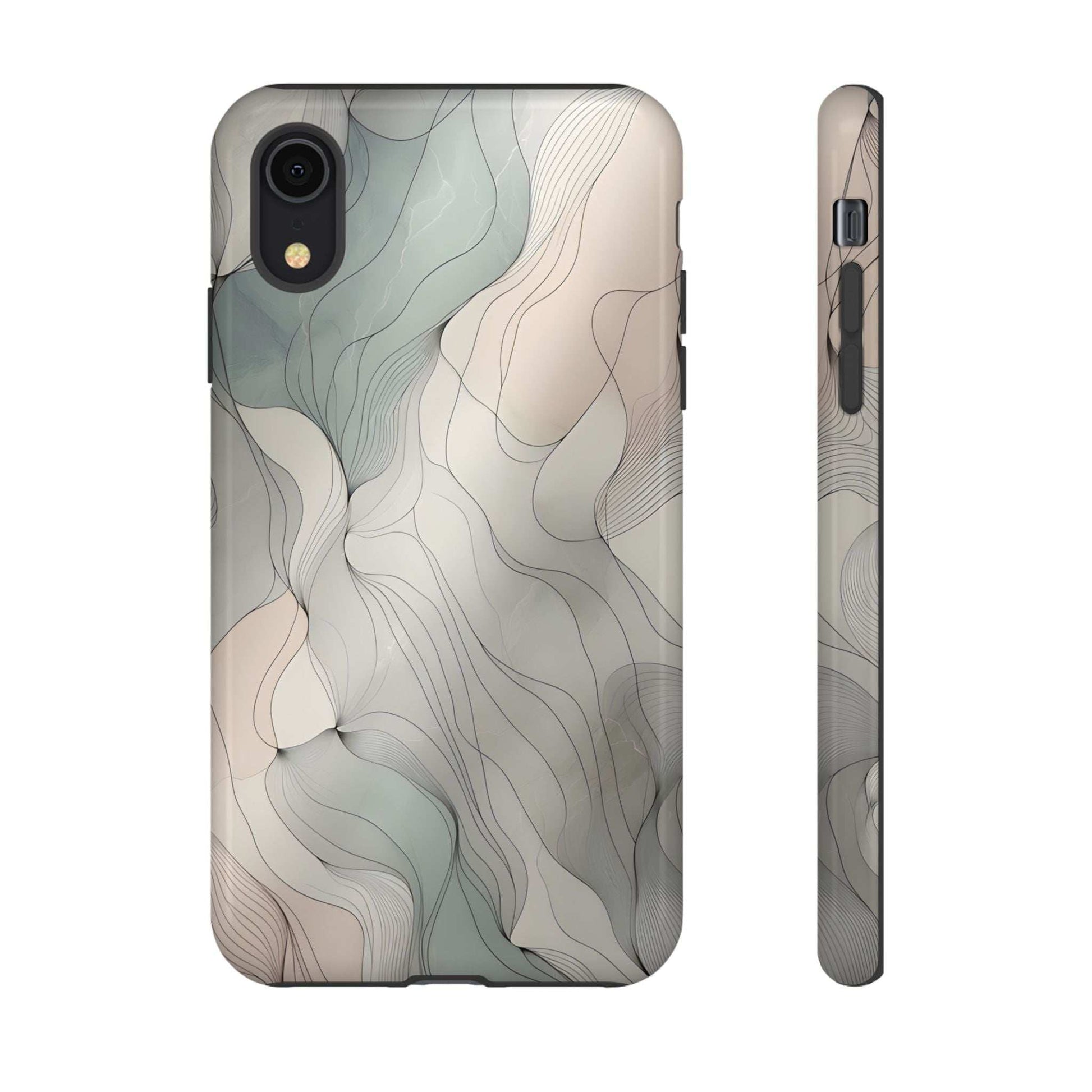 Pastel wave phone case back view with camera cutout; curved wavy pastel lines.