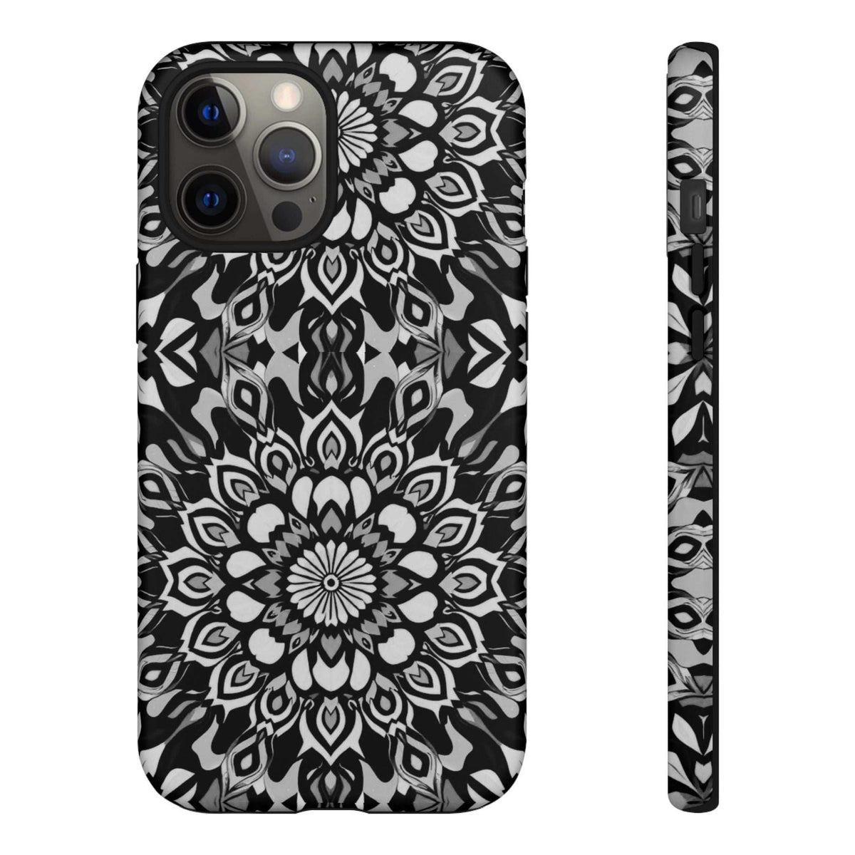 Mandala phone case with black-and-white mandala design and raised camera area