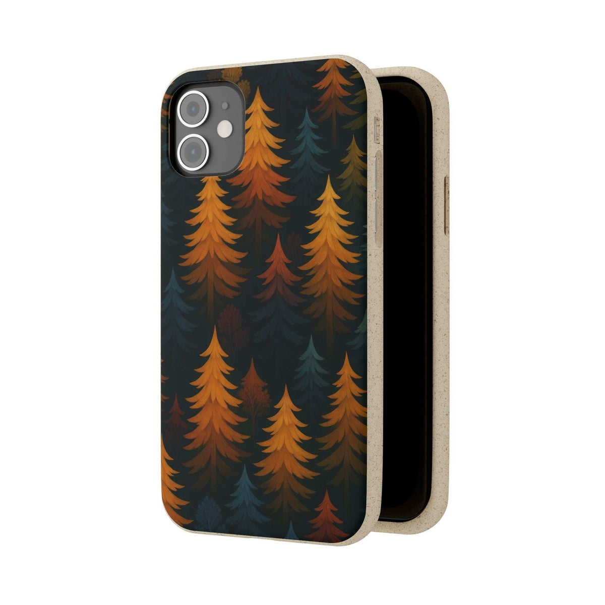 Biodegradable phone case with forest trees pattern, dark blue and orange, camera cutouts