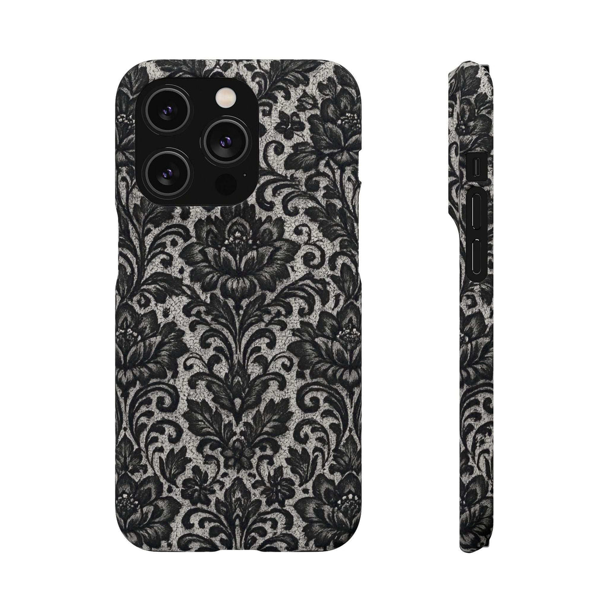 Black damask floral phone case front and side view with multiple camera openings