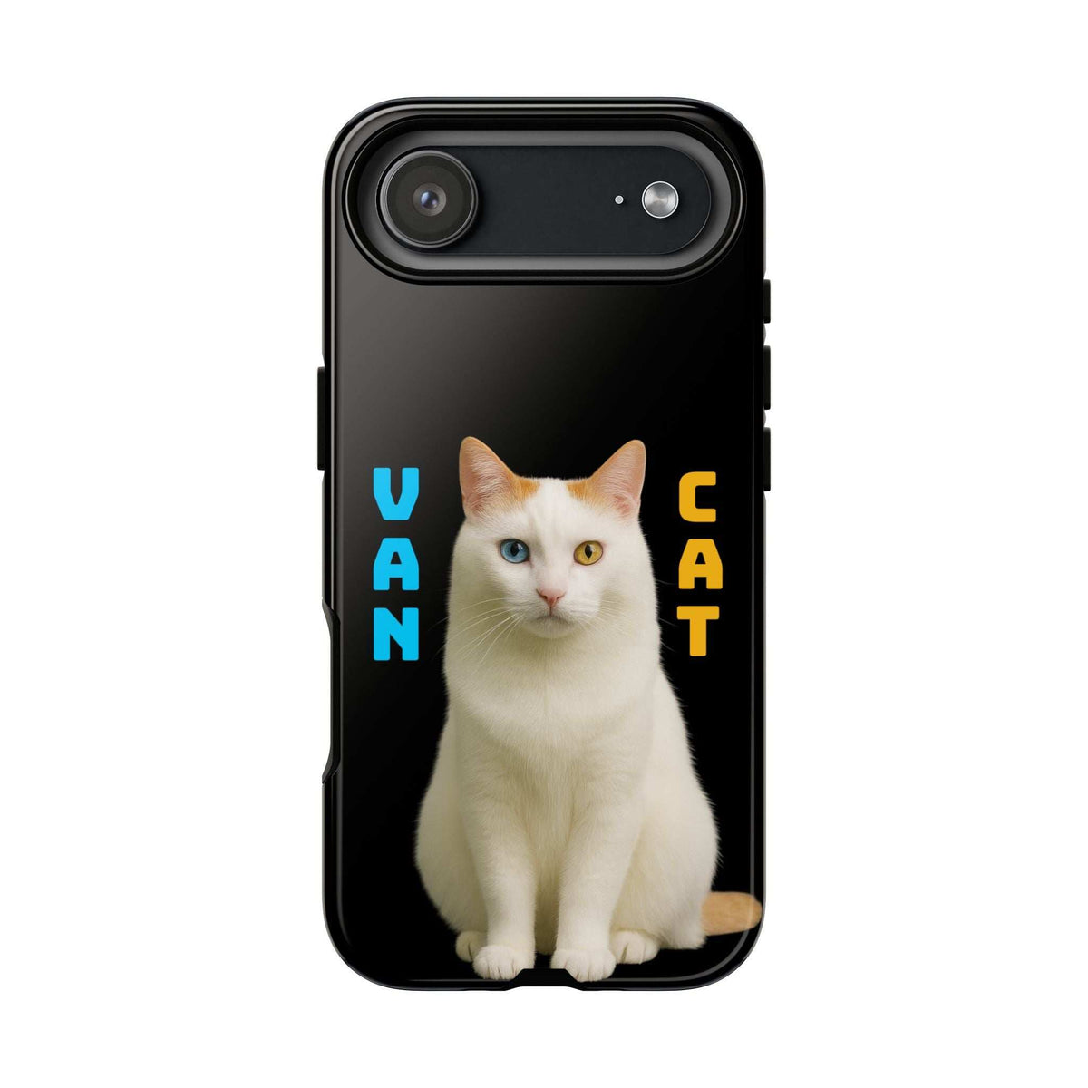 Black glossy phone case with white cat graphic and rear camera opening
