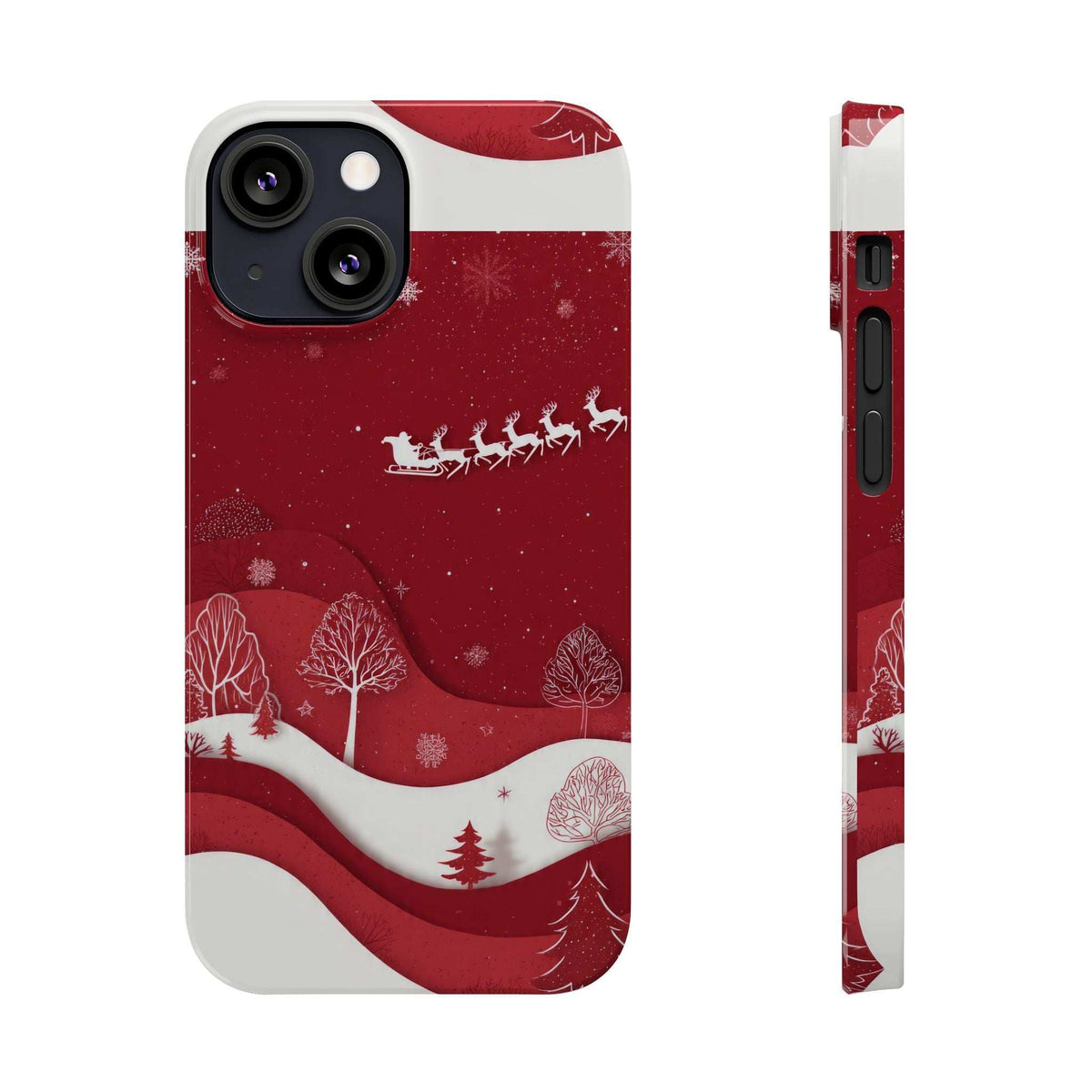 Festive winter phone case in red with snowy trees, wavy hill pattern, and sleigh silhouette.