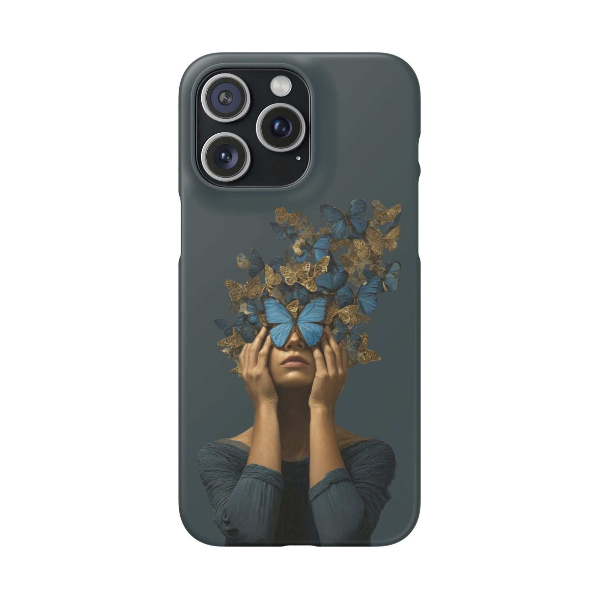 Dark gray phone case with blue butterfly and gold wing collage artwork, triple lens cutout