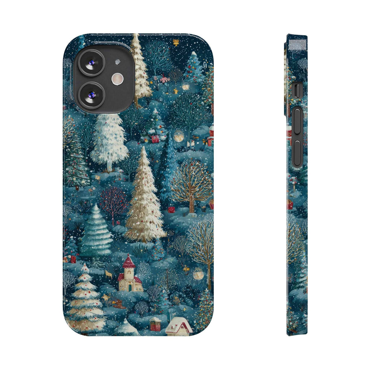 Frosty forest phone case with teal snowy forest scene and small village buildings; camera cutout