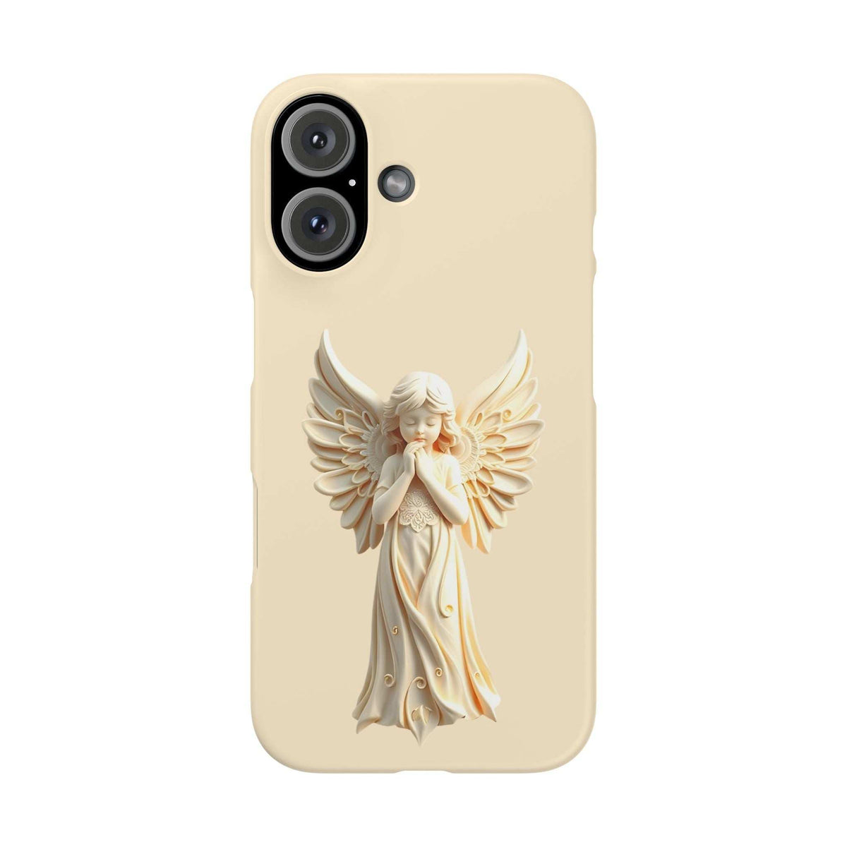 Beige phone case with 3D angel with wings artwork, rear cameras and flash cutouts