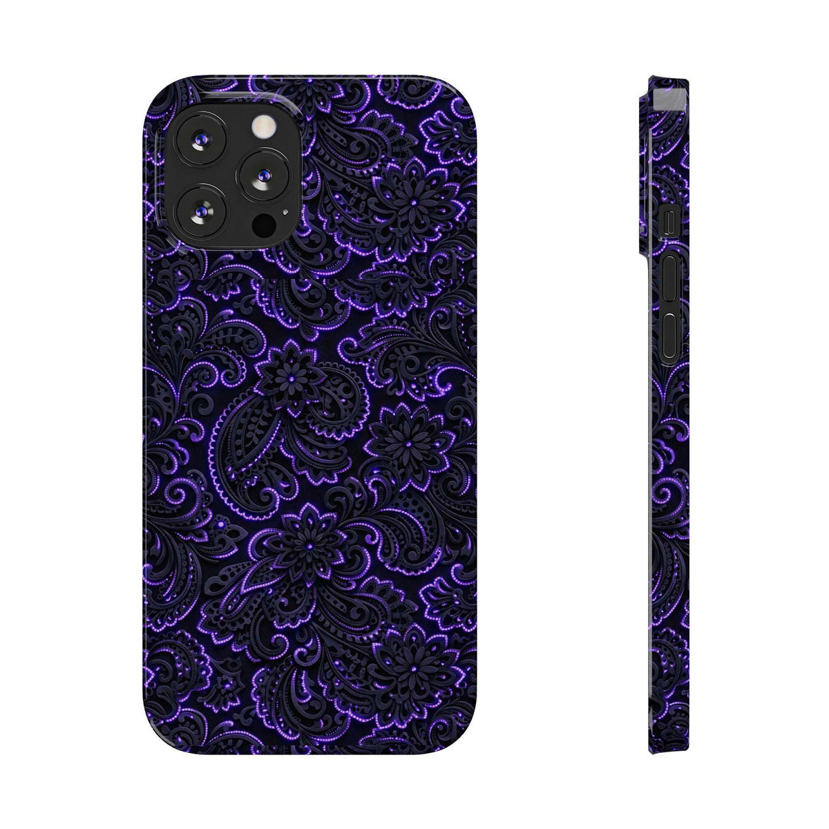 Purple neon paisley phone case with cutouts and camera openings.