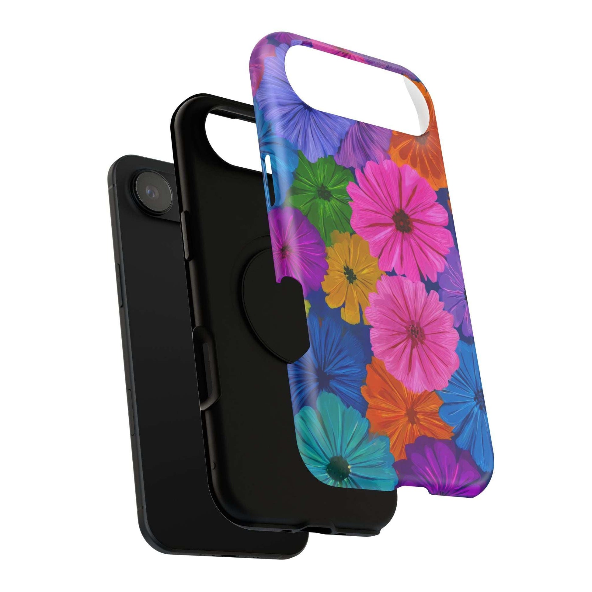 Floral bloom phone case with multicolor floral pattern, raised camera area, and side buttons