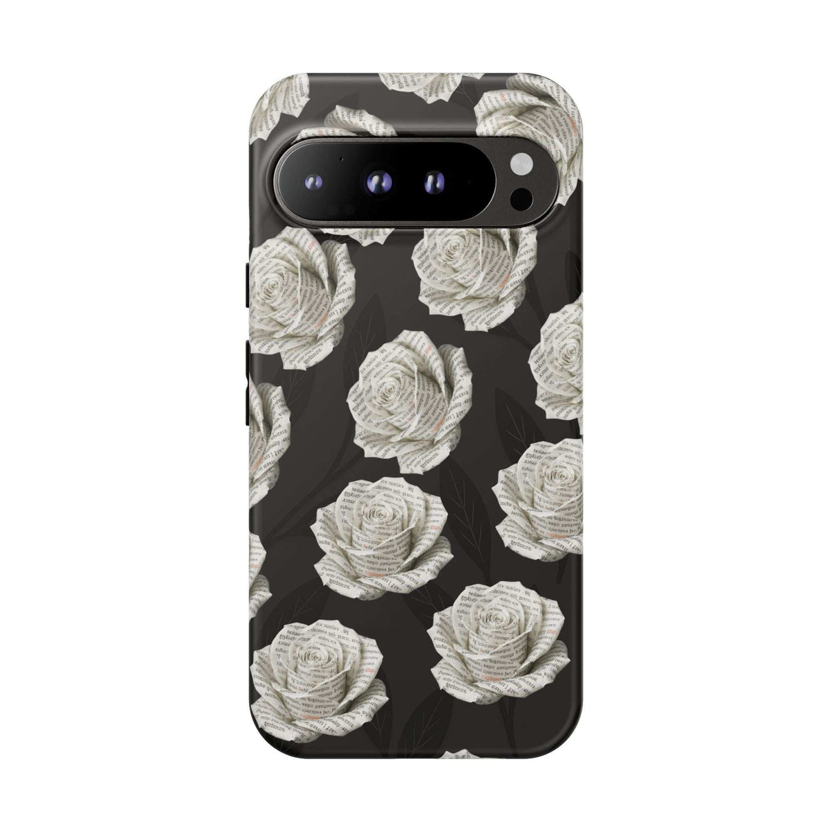 Phone case with black background and white rose pattern; dual-lens camera cutout on top-left.