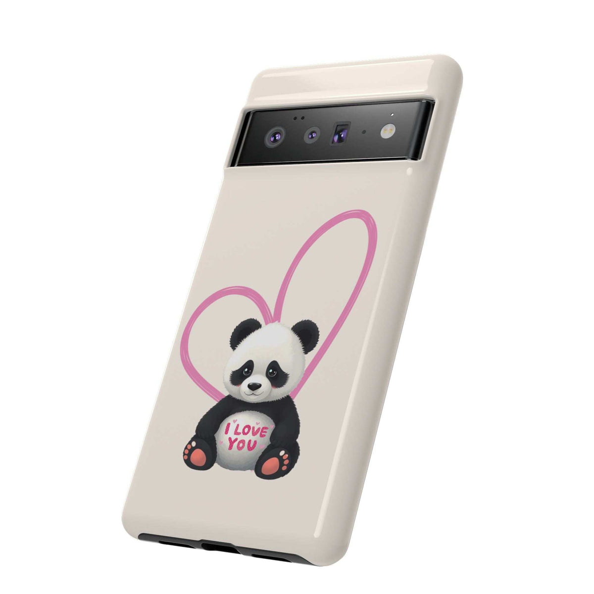 Beige phone case with cute panda in pink heart, camera and port cutouts visible