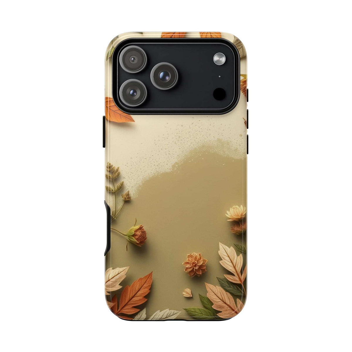 Beige autumn leaves phone case with protective edges around camera lenses