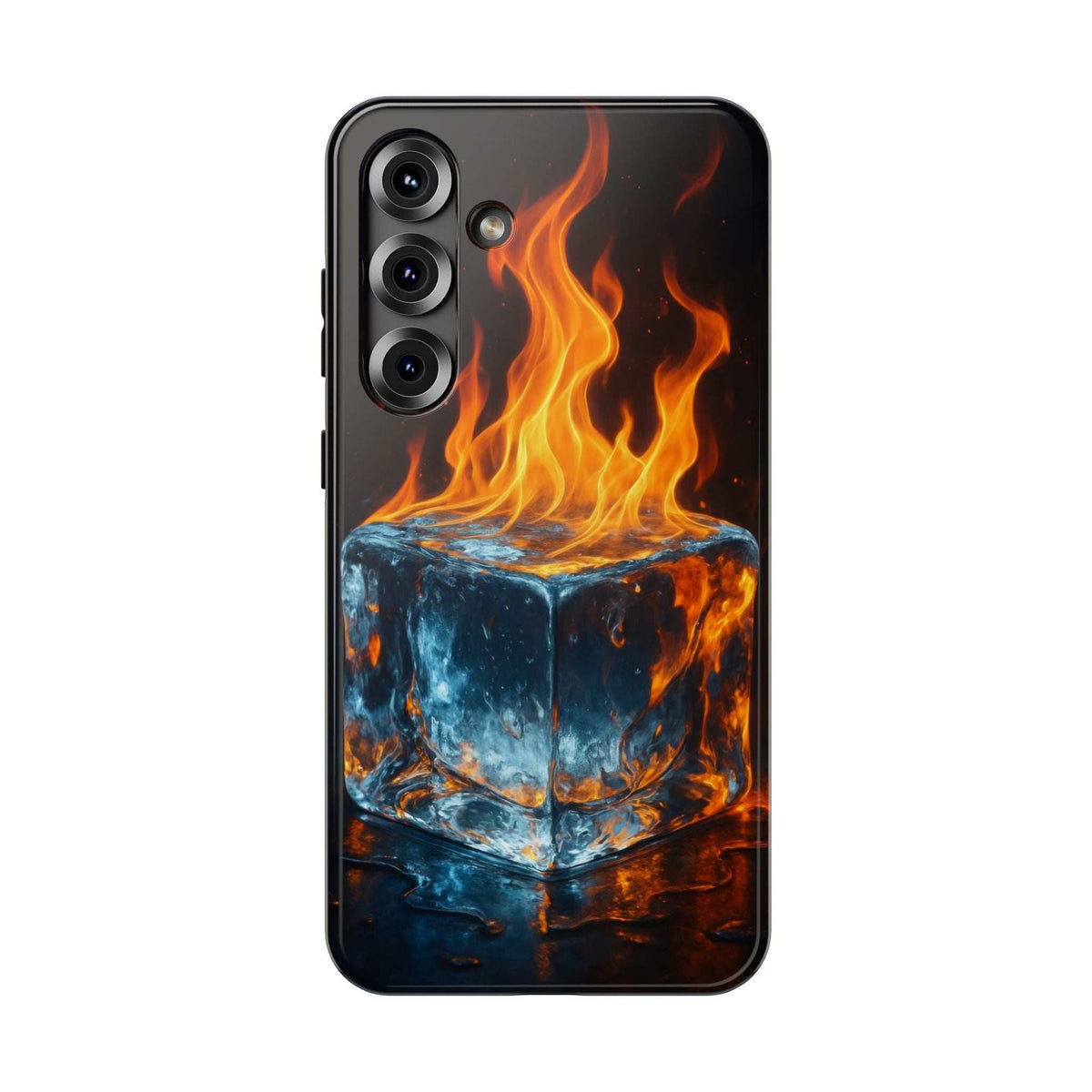 Black glossy phone case with flame-and-ice cube graphic and triple camera cutouts