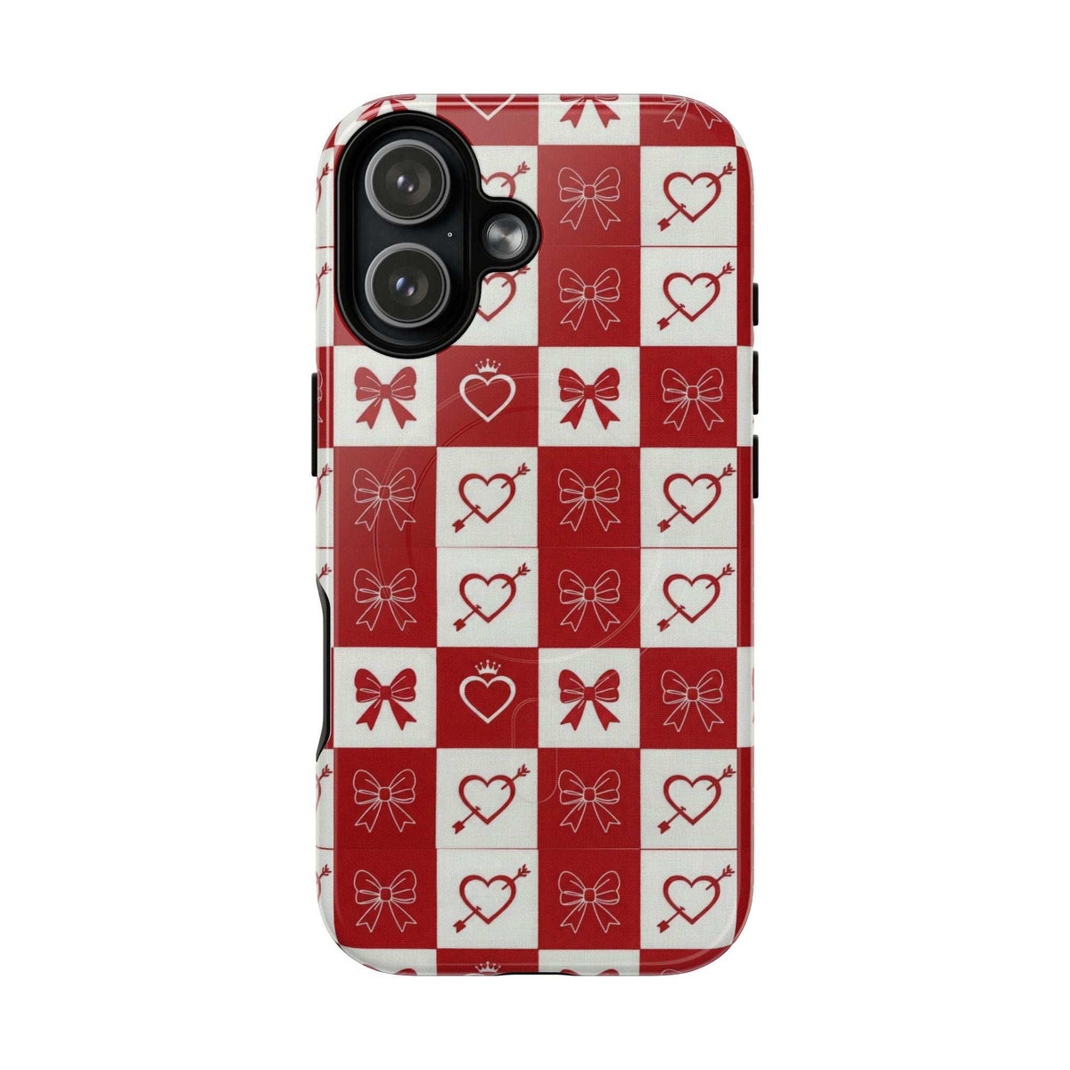 Red and white checkered phone case with hearts and bows, camera cluster on top