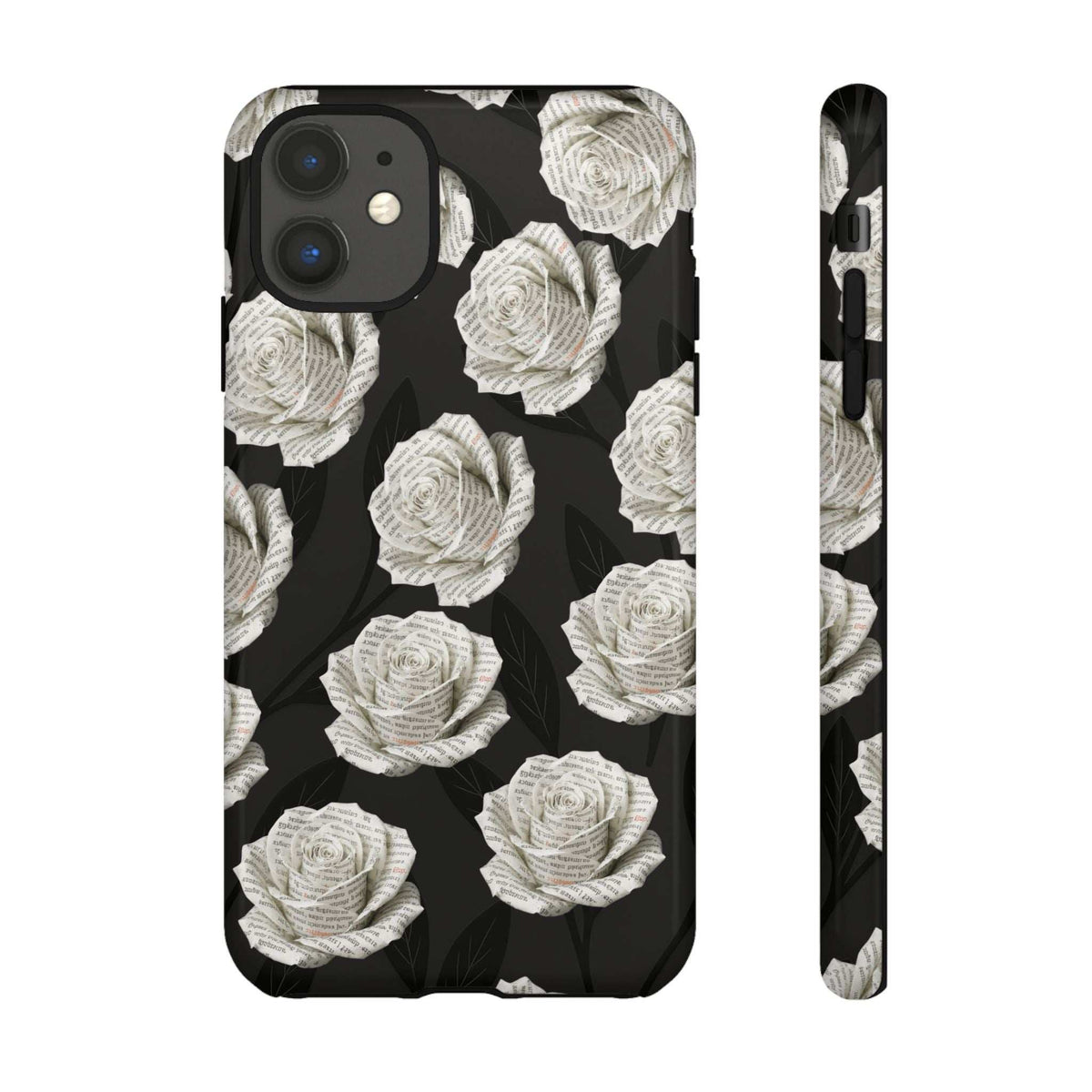 Black phone case with white roses, dual camera cutout and side buttons with protective rim