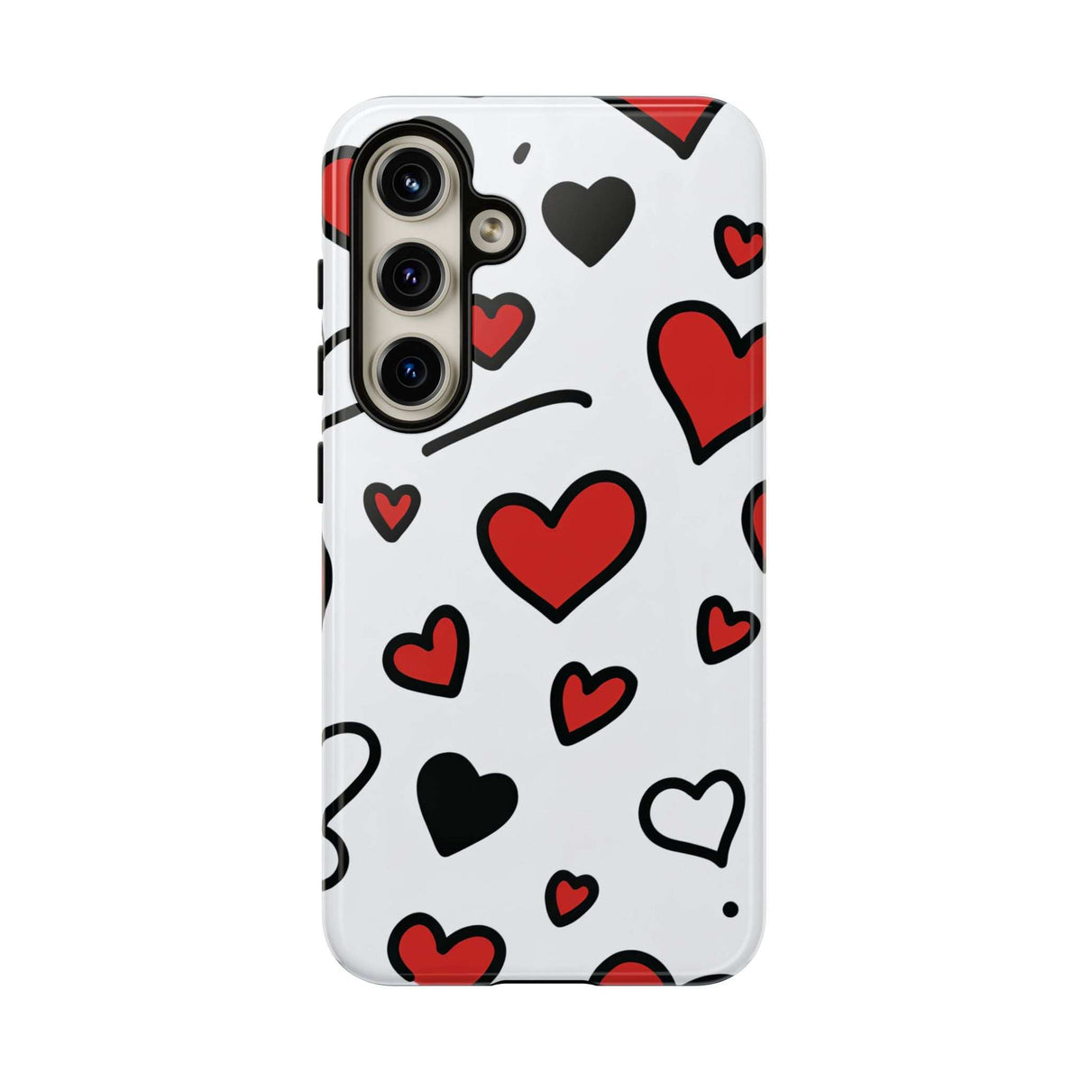 White phone case with scattered hearts; vertical camera cutouts on back, protective rim.