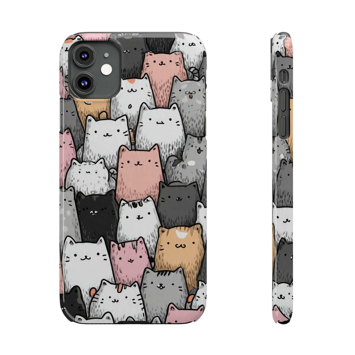 Cat carnival phone case with colorful cartoon cat faces; front and slim side profile view.