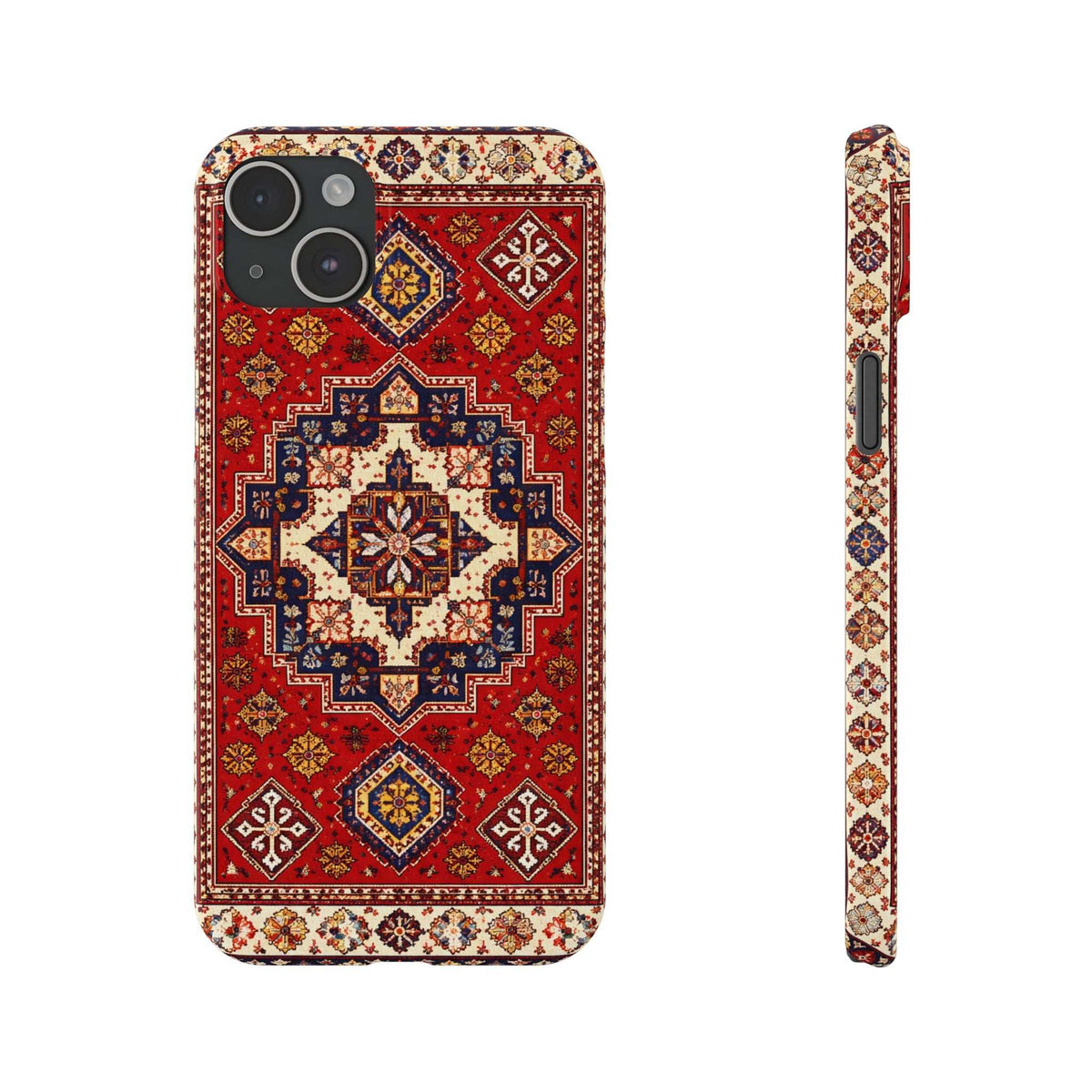 Phone case with red and navy ornamental carpet pattern; front cameras and side ports