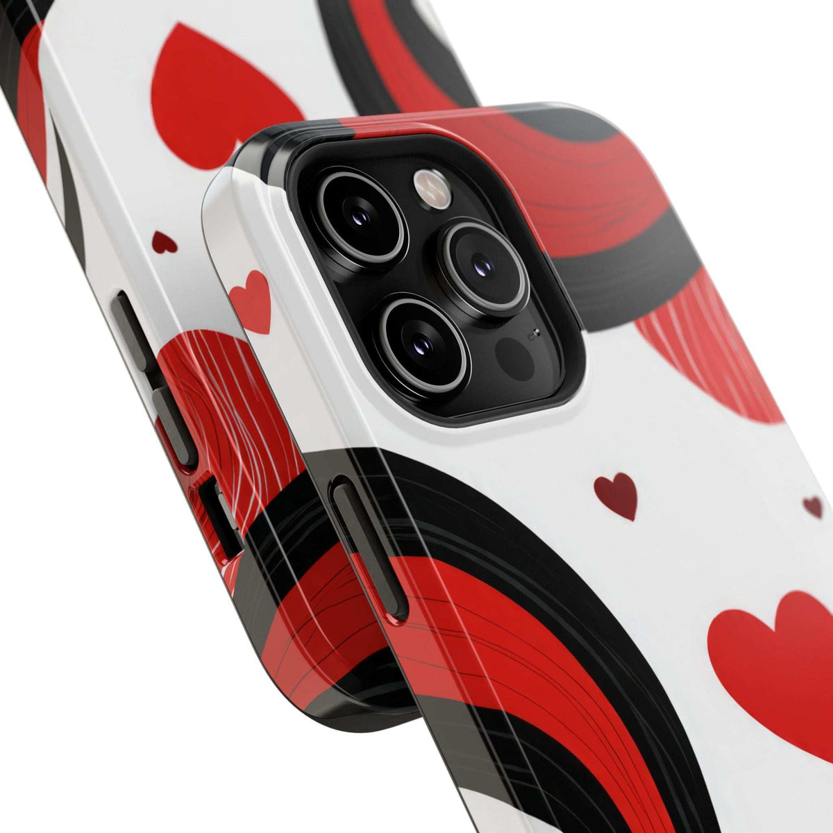 Phone case with red and black wavy pattern, small hearts on a white back.