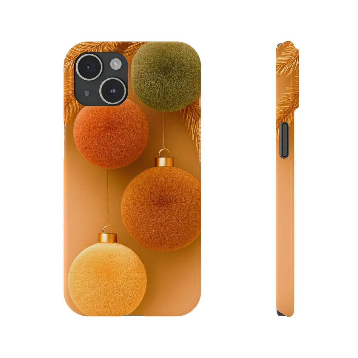 Phone case for iPhone 11-17 with fuzzy ornament balls and visible side controls