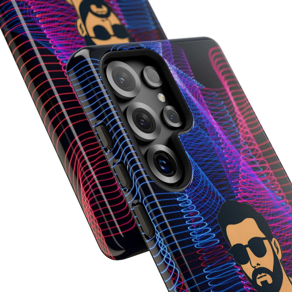 Glossy phone case with neon blue/pink wire pattern, bearded man graphic, camera cutouts