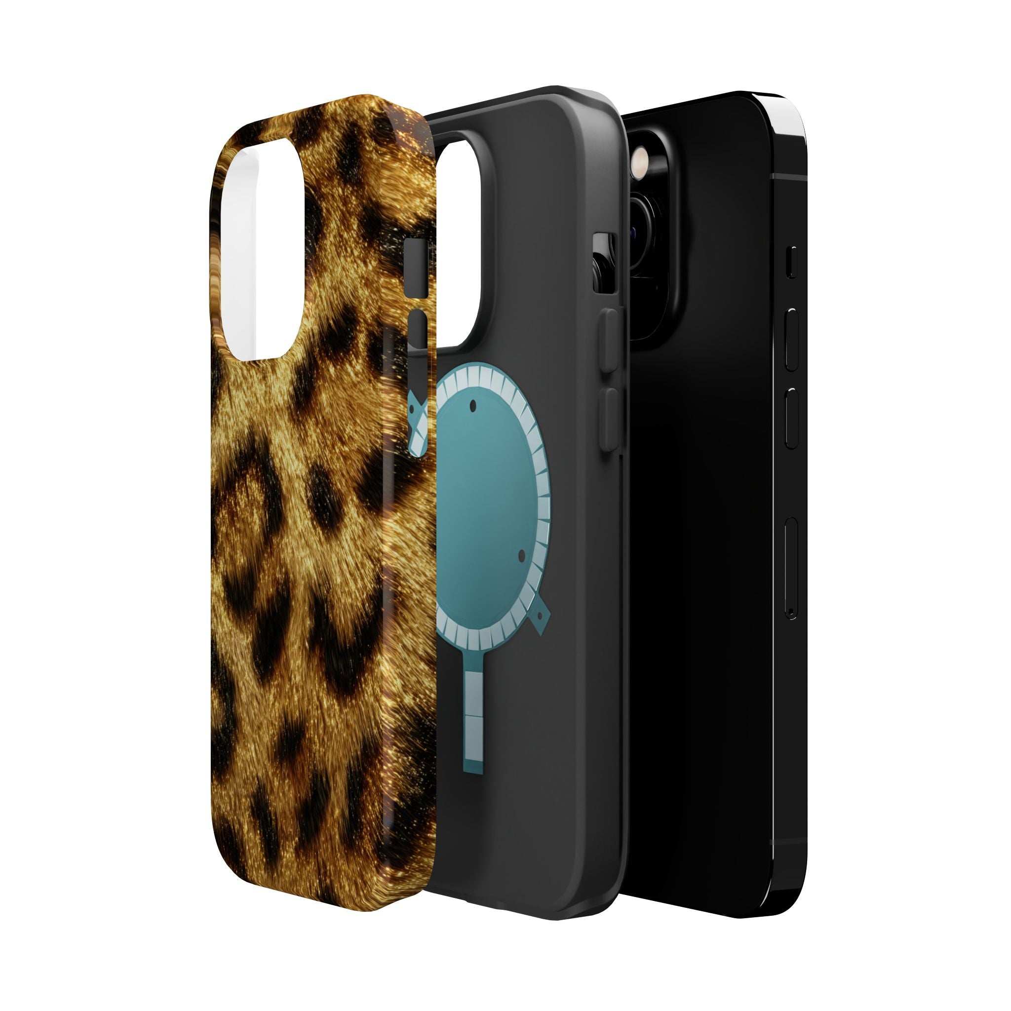 Leopard print glossy phone case view from the side, tan with dark leopard spots.