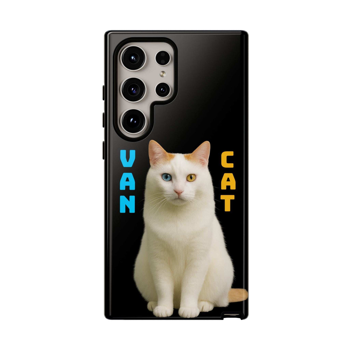 Glossy black phone case with white cat graphic and raised camera module cutouts (angled back).