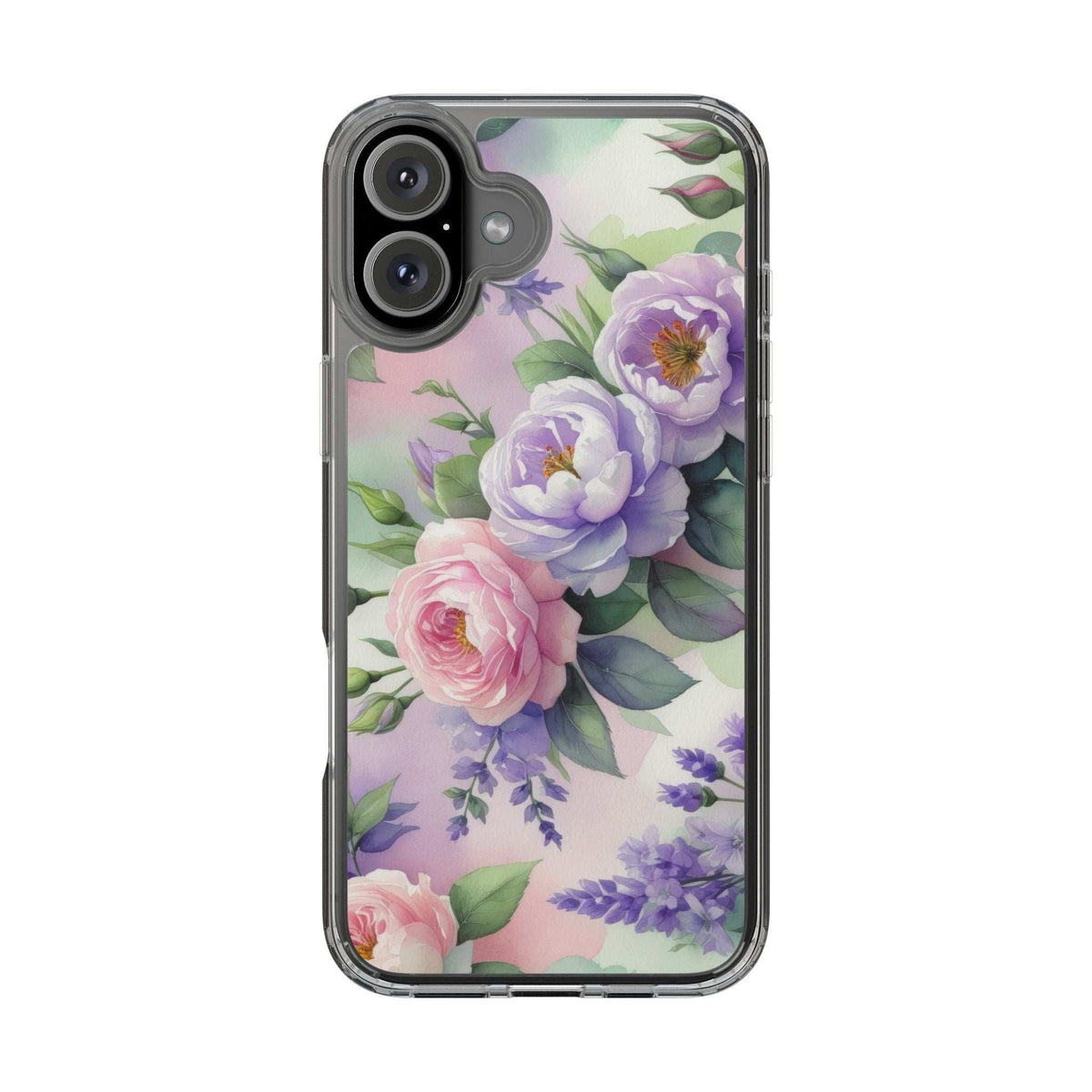 Clear floral phone case with pastel rose and purple flower pattern, slim transparent sides