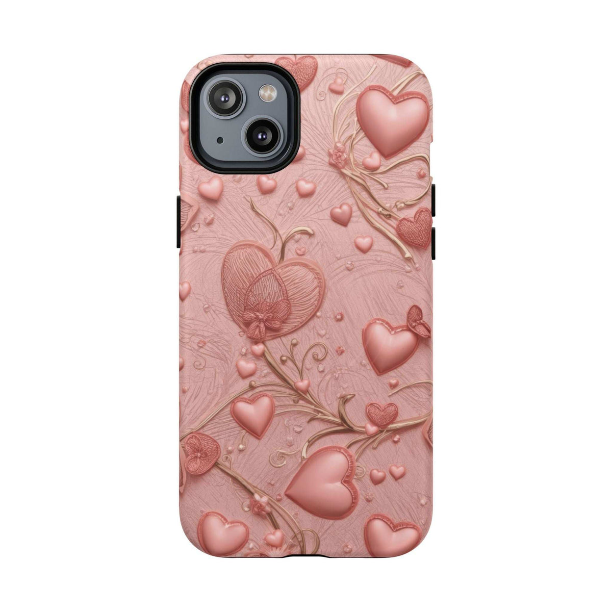 Pink phone case for iPhone with embossed heart and floral pattern; dual-lens camera cutout