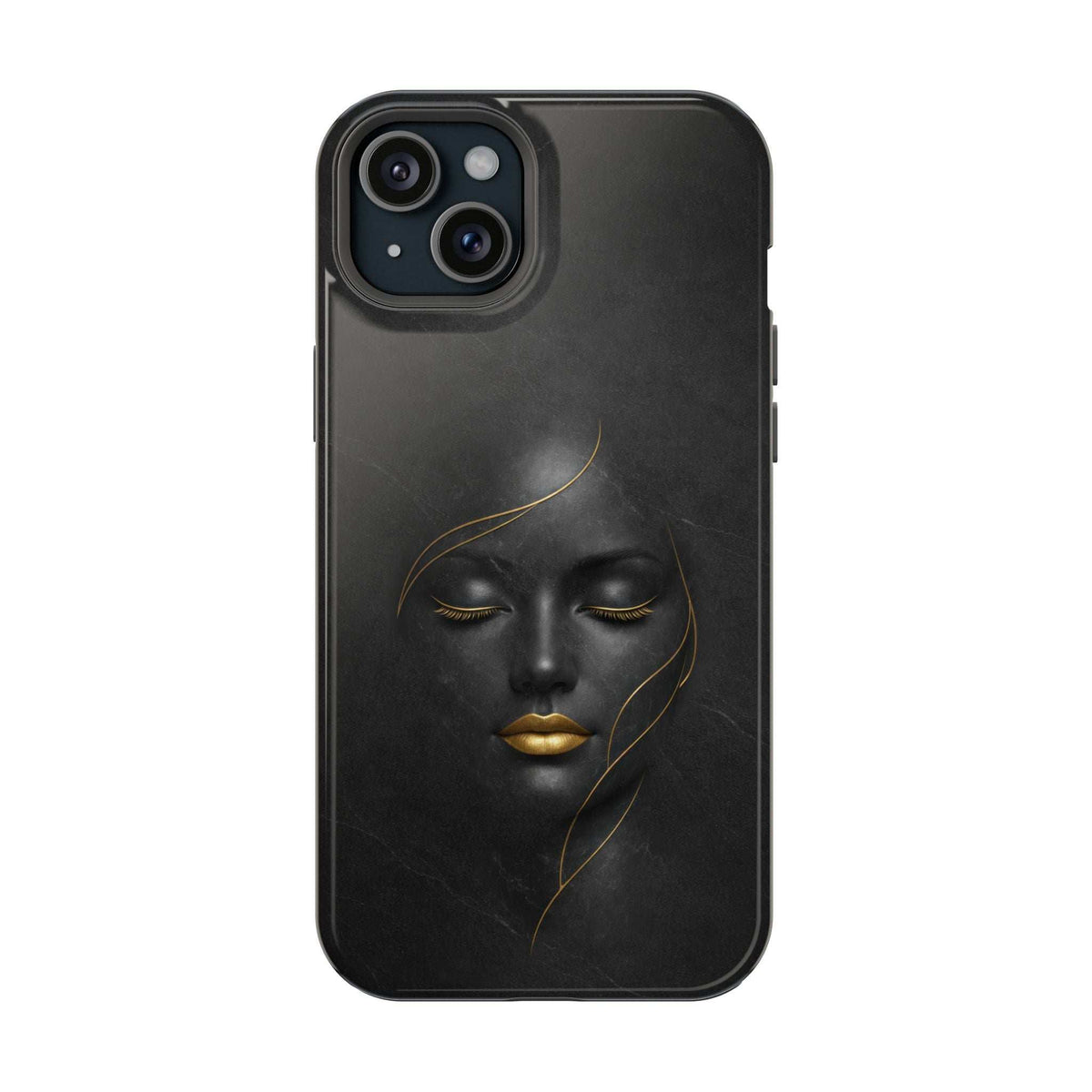 Black phone case with gold face illustration, showing front camera and speaker cutouts