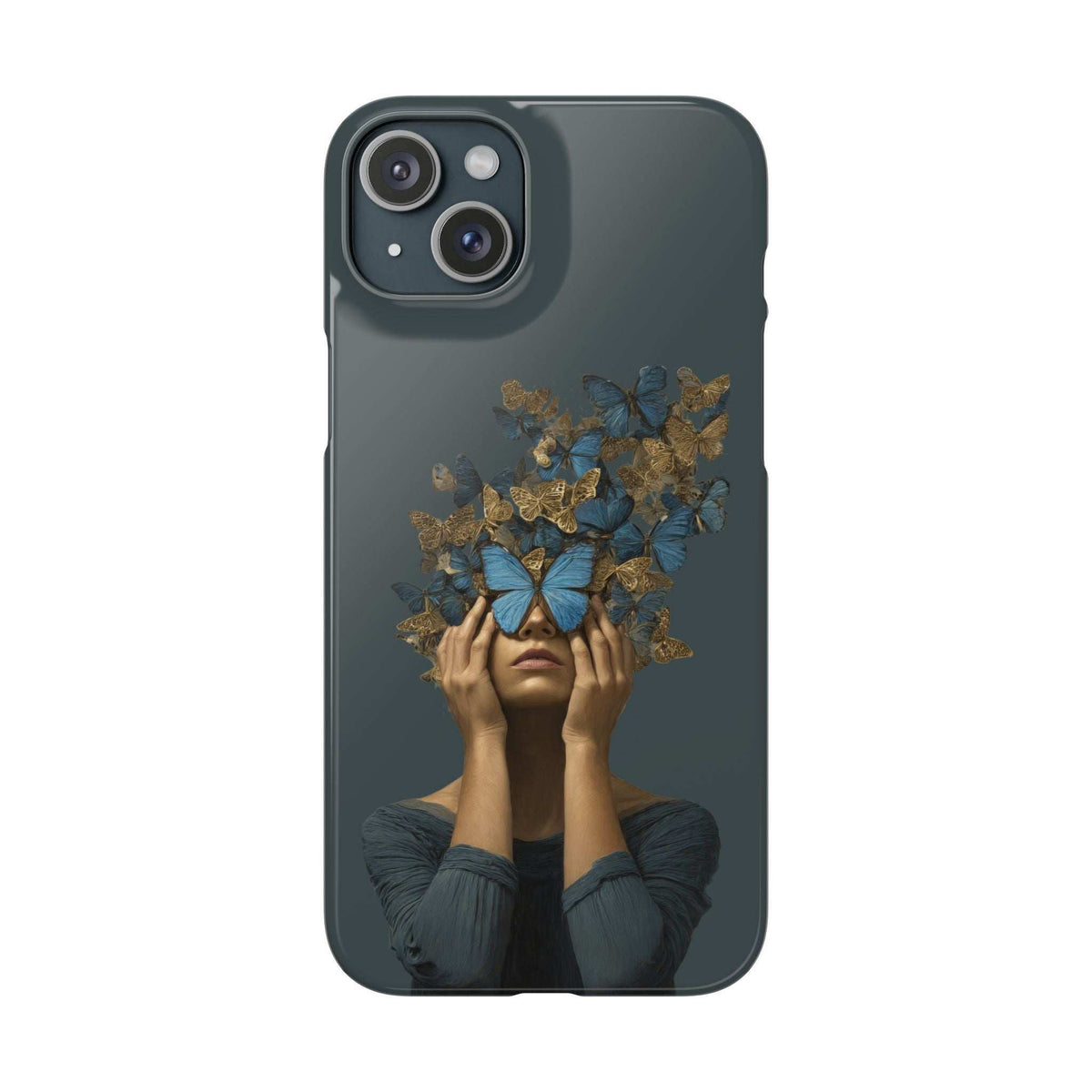 Dark gray phone case with butterfly crown face graphic and centered rear camera cutout