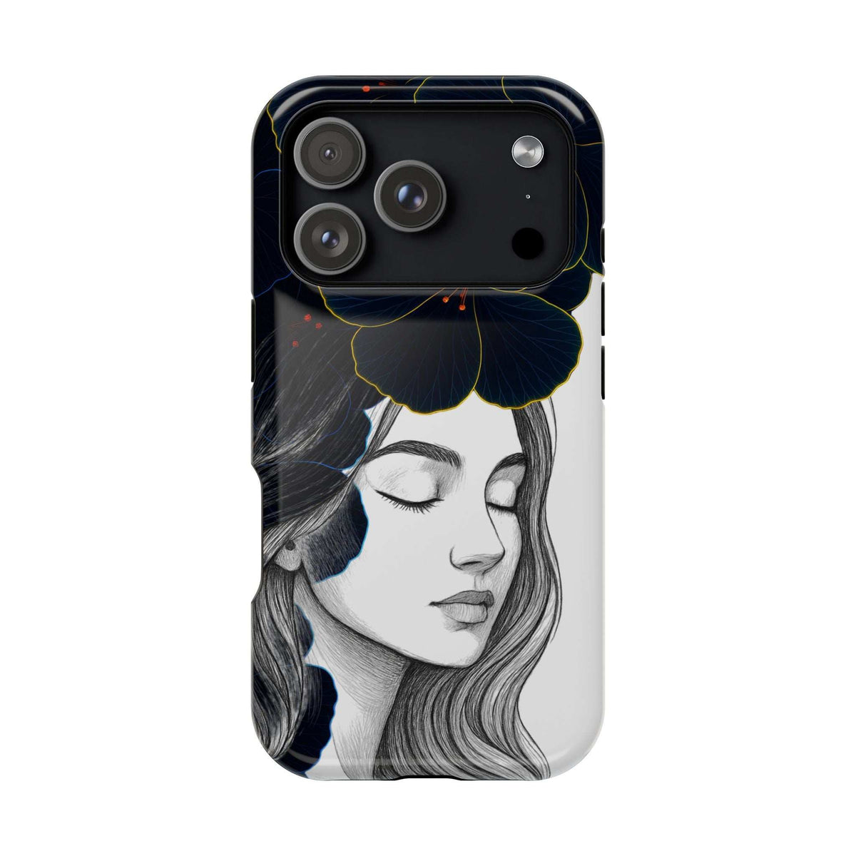Phone case with camera cutouts and woman portrait with blue floral elements