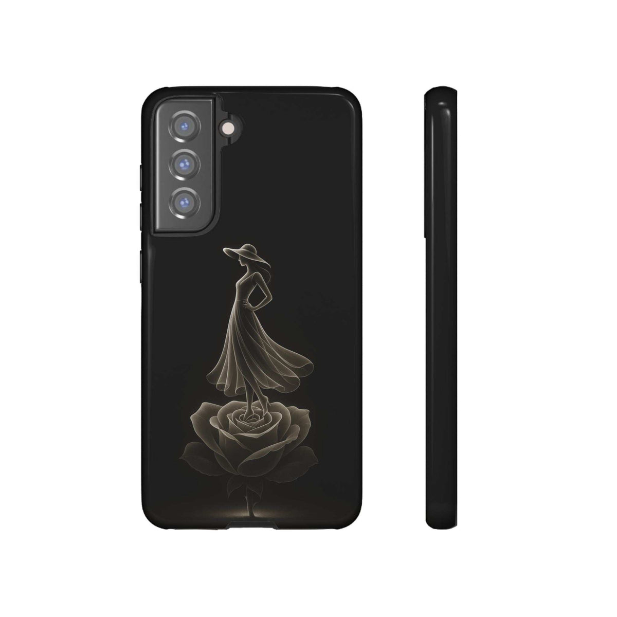 Glossy black phone case with floral dancer artwork and camera openings with side profile