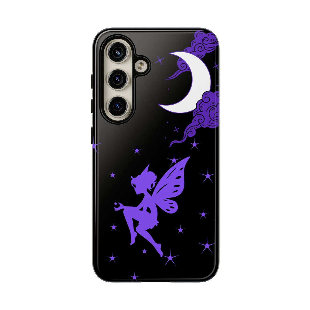 Black phone case with purple fairy and crescent moon design; side profile with buttons