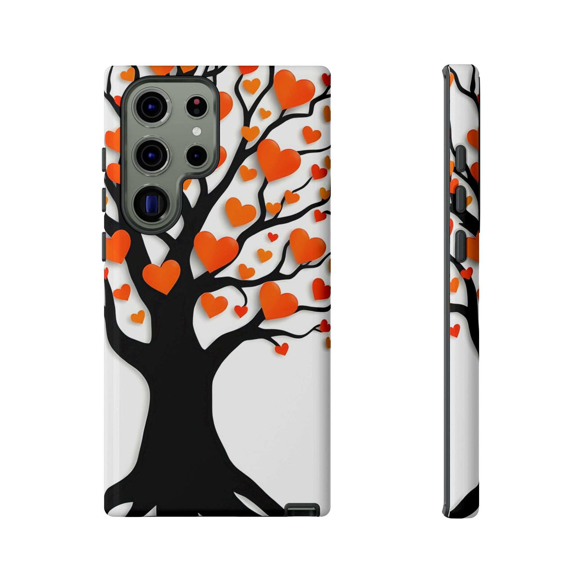 Phone case with heart tree design, orange and red hearts, camera cutouts, front and side
