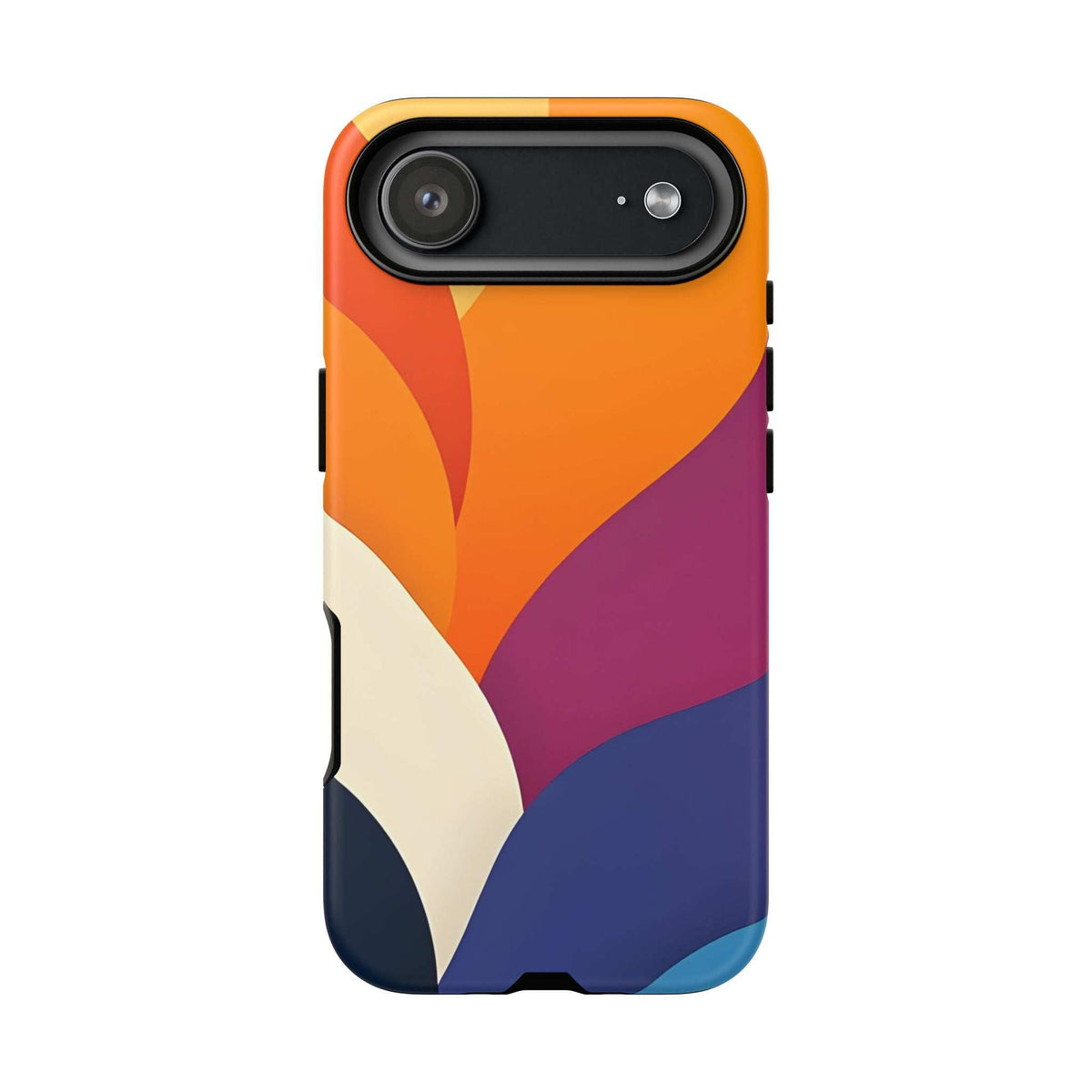 Abstract phone case with orange, magenta, and navy geometric pattern and raised camera cutout.