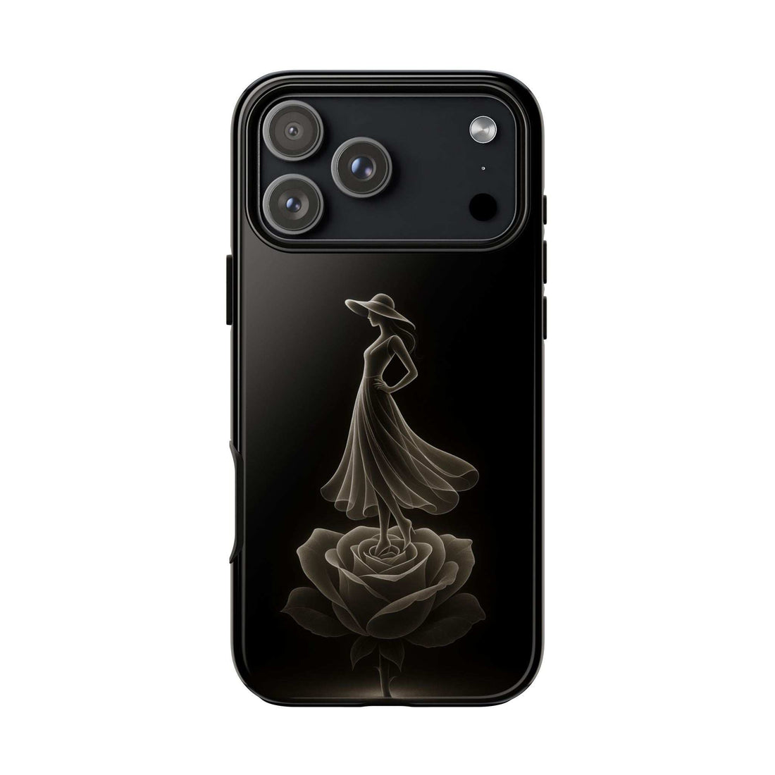 Black glossy phone case with lady and rose design; back view with triple camera cutouts