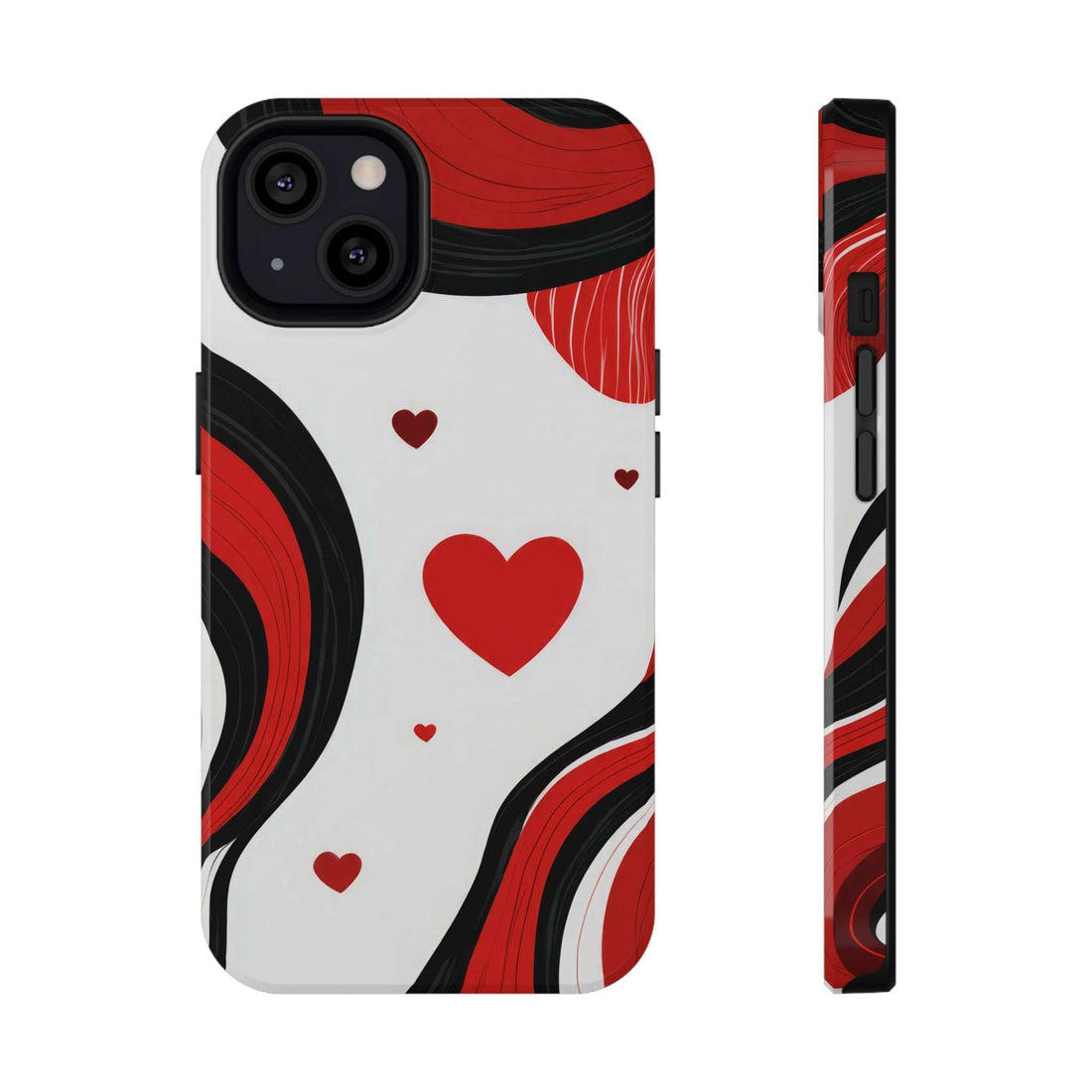 Phone case front view with red hearts and curved wave swirls, camera lens cutouts
