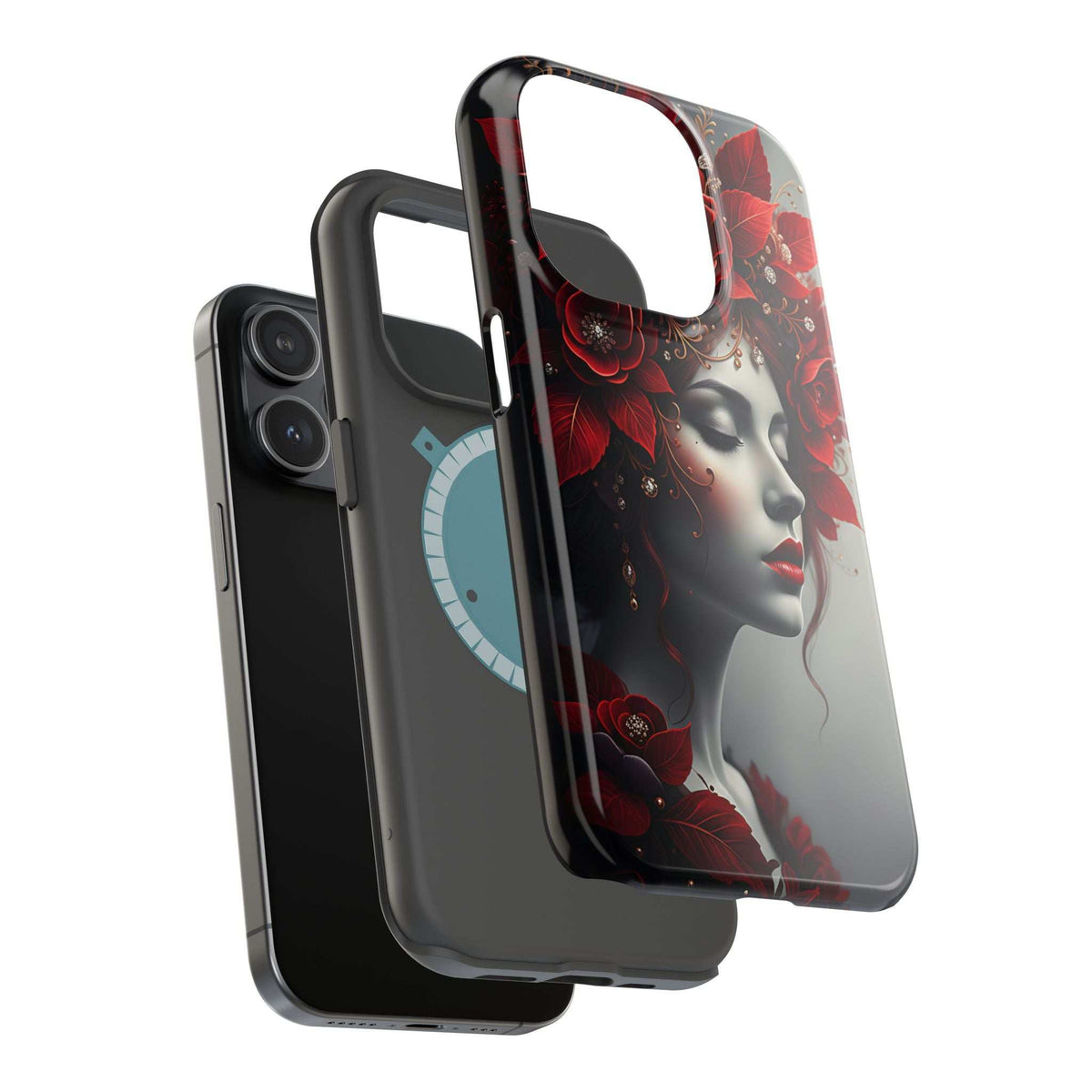 Clear-edged portrait phone case with red floral woman art and blue pendant, side profile