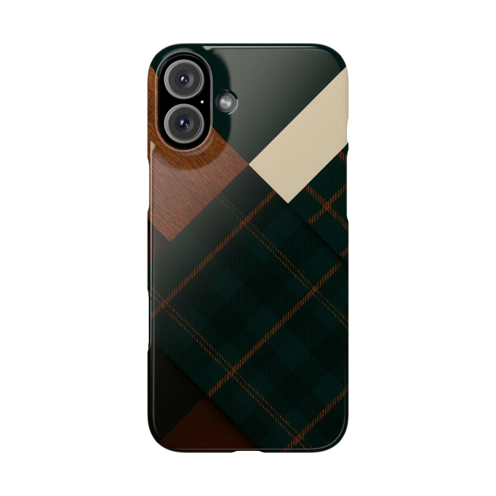 Phone case with dark green, tan, and plaid patchwork design; dual camera cutouts