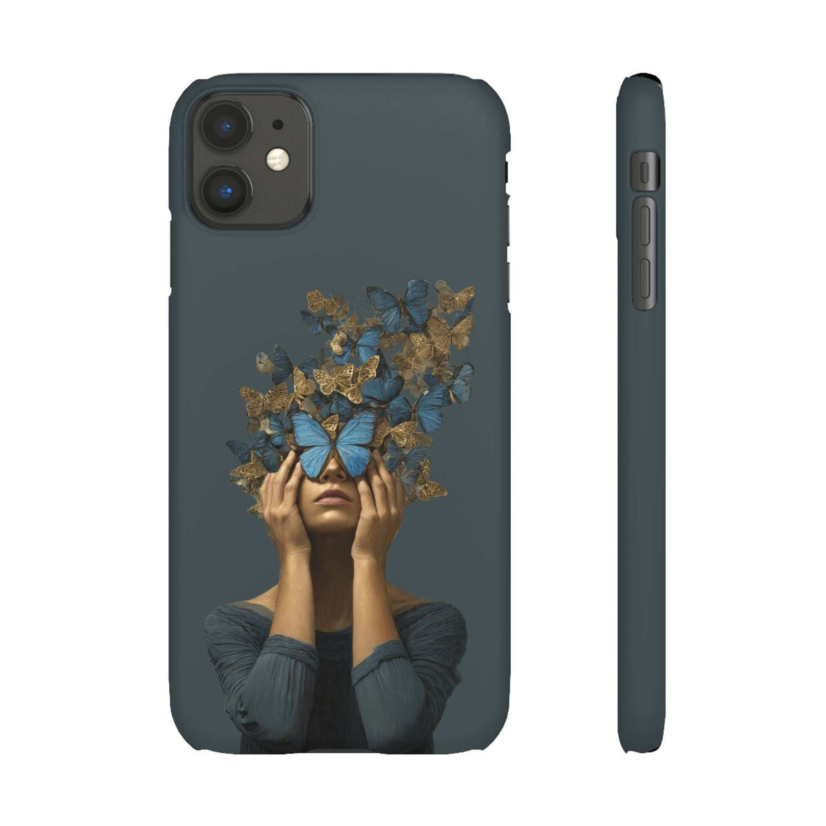 Dark gray phone case with blue and gold butterfly portrait; camera lens cutouts and side edge